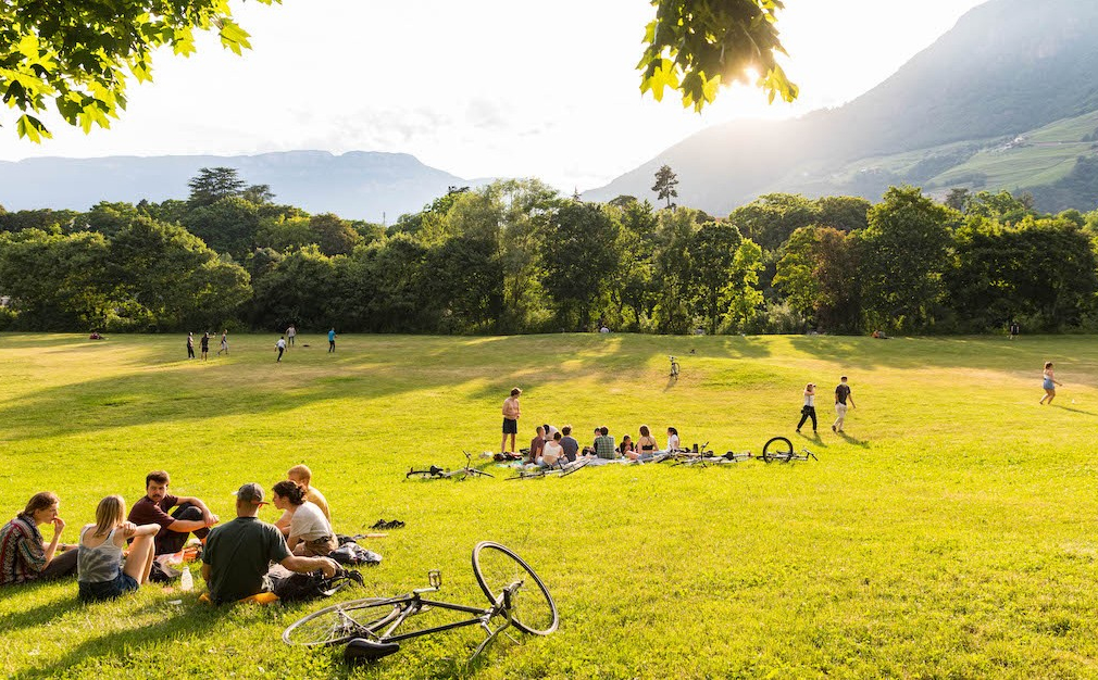 Talferpromenade, Picknick an den Talferwiesen, grosse Freiflaeche in der Innenstadt am Fluss Talfer, Sommer, Sommerfrische, Naherholung, Bozen, Suedtirol, Italien, Europa Engl.: Talferpromenade, picnic at the Talferwiesen, large open space in the city center on the river Talfer, summer, summer resort, local recreation, Bolzano, South Tyrol, Italy, EuropeII Stadtportrait Bozen